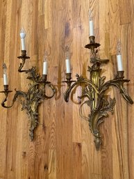 Pair Of Antique Bronze Gilded Wall Sconces With Ornate Leaf Design