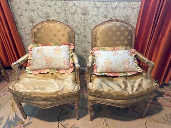 Vintage French Style Arm Chair With Handcarved Details And Gold Damask Fabric