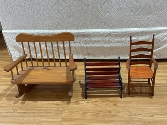 Three Miniature Wooden Doll Furniture Pieces