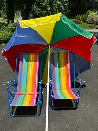 Colorful Beach Lounge Chair Set With Large Umbrella