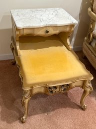 French Provincial 2 Tiered Step End Table Ornate Carved, Marble Top