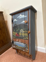 Hand-Painted Country Folk Art Wooden Cabinet With Hooks