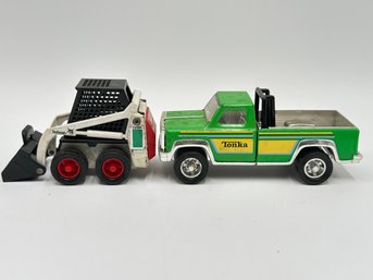 Vintage Tonka Vintage Green Pick Up Truck With Roll Bar Made In USA 1970s & Tonka Bobcat Skid-Steer Loader