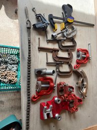 Large Lot Of Assorted Clamps - Ridgid Bench Chain Vise - Metal Chain - Ridgid 40375 Yoke - See All Photos