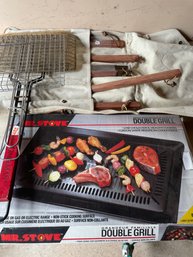 Lot Of Assorted BBQ Items - 2 Baskets For The Grill, BBQ Utensils,  Mr Stove Double Grill