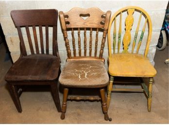 Lot Of 3 Wooden Spindle Back Chairs - Vintage