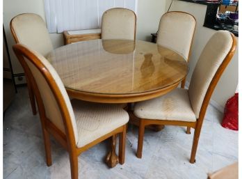 Solid Oak Glass Top Dining Table W/ Eagle Claw Pedestal Base - 24' Leaf Included - 6 Chairs