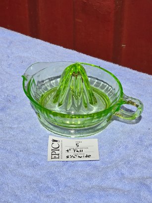 Lot 5 Green Depression Uranium Glass Reamer, Vintage Kitchen Glassware 4' Tall 8 1/2 Wide
