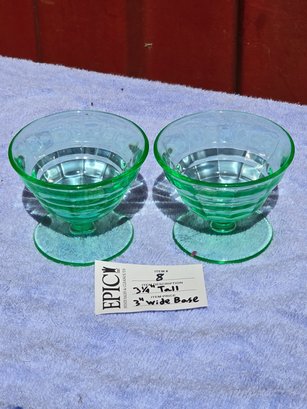Lot 8 Vintage Green Uranium Glass Footed Desert Cup By Anchor Hocking In Optic Pattern 3' Tall 3' Wide Base