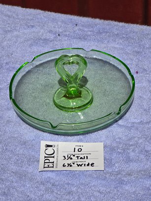 Lot 10 VTG. GREEN DEPRESSION GLASS CANDY DISH WITH HEART HANDLE
