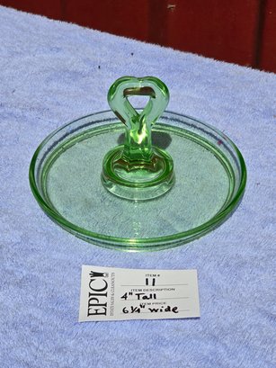 Lot 11 VTG. GREEN DEPRESSION GLASS  CANDY DISH WITH HEART HANDLE