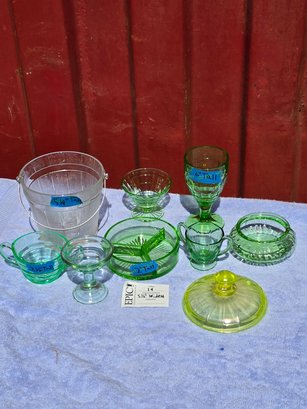 Lot 14 VTG. Assorted Green Depression Glassware And Bucket