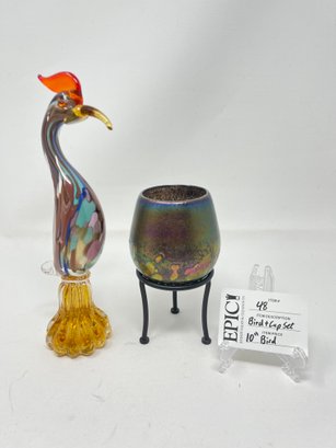 Lot 48 Bird Murano Glass And Signed Glass Iridescent Candle Motif With Stand Set