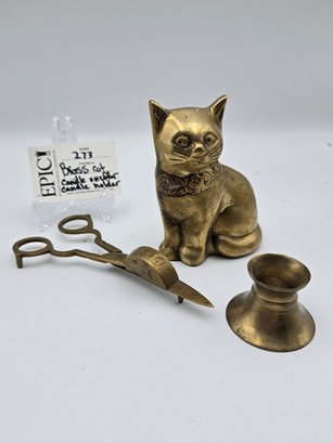 Lot 273 Vintage Brass Cat With Flower Collar, Candle Snuffer Scissor & Holder: Elegant Feline Dcor Ensemble