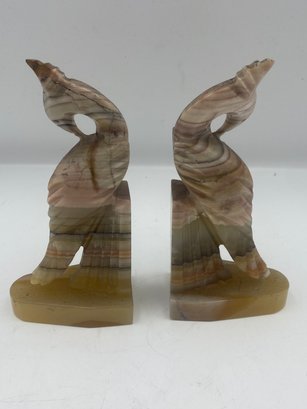 Lot 105 Hand Carved Striped Onyx Bird Statue, Mid Century Dual Bird Bookend, Vintage Art Deco Style Sculpture