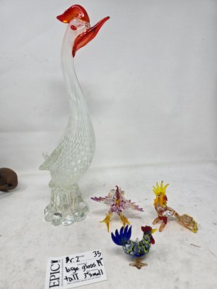 Lot 35 14' Glass Venetian Figural Glass Chicken, Egret, Hen, White Bird Plus Mini Glass Roosters