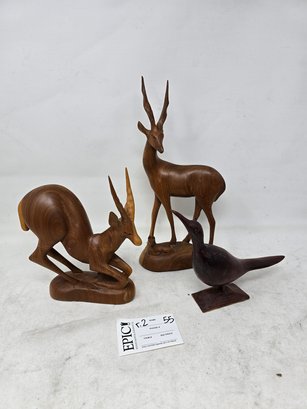 Lot 55 Hand Made Wooden Gazelle Antelope Family And Bird Figurines