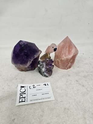 Lot 81 Polished Amethyst, Rose Quratz  And Carved Stone Parrot On Amethyst Crystal In One Lot. Great Condition