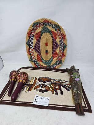 Lot 85 Peruvian Fiber Wool Rug, Peruvian Woven Basket, Maracas, Wooden Carve Nut Cracker