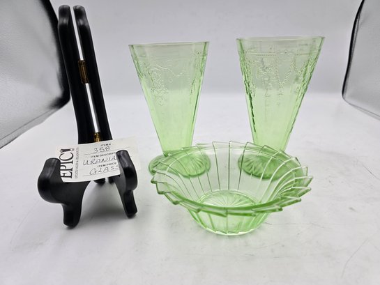 Lot 358 Uranium Glass Depression Pinwheel Pattern Bowl, Green Uranium Depression Glass Footed Tumbler