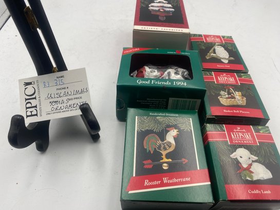 Lot 315 Keepsake Ornaments Rooster Weathervane, Cuddly Lamb, Basket Bell Players, Good Friends 1994, Snowy Owl