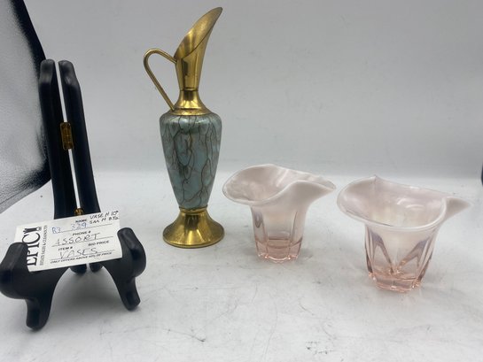 Lot 329 Delft Holland Porcelain & Brass Pitcher & Vase Duncan & Miller Ruffled Blown Glass Vase Shade Of Pink