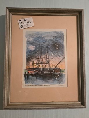 Lot 86  15 1/2 X 19 1/4 The USS Constitution & Bunker Hill Framed Watercolor Prints Signed By Robert E Kennedy
