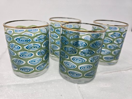 Lot 298 Set(4)Six Mid-Century Libbey Glassware Rocks Green/blue Bar Glasses In The Peacock Feather Pattern