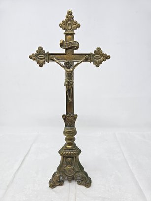 Lot 387 Holy Cross Altar Stand Antique Brass Crucifix Gold Gilt Jesus Christ Inri, Jesus,