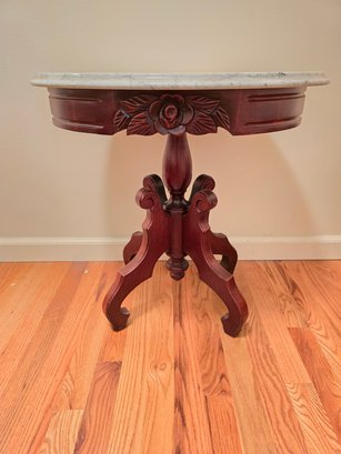 Lot 397 Mahogany Side Table Carved Rose Italian Marble Top  14x18.5' Two (2) Items