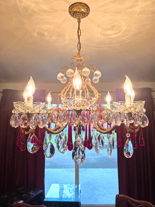 8 Arm Brass Italian Red Glass Tear Drop And Crystal Chandelier