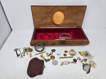 Lot 341 Wood Jewelry Box With Trinkets Pins Brooches Etc