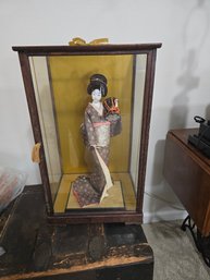 Two Vintage Japanese Doll W/ Kimono & Display Case & Japanese Geisha Doll W/ Wood Display Case