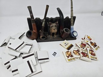 Lot 128 Vintage Pipes And Match Books With Pipe Shelf