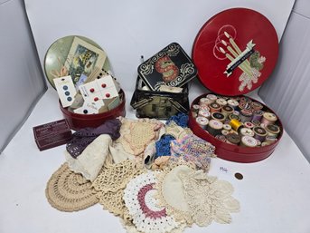 Lot 194 Vintage Wooden Sewing Thread Hand Made Crochet Doilies