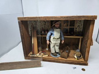 Lot 216 Vintage Fisherman Cabnin Doll House Display Box And Miniature Accessories