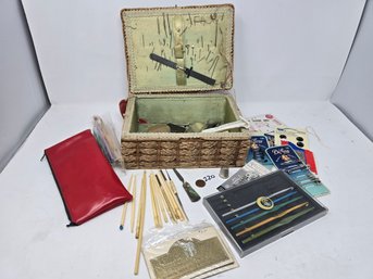 Lot 220 Vintage Knitting Basket And Hooks Sewing Supply Etc