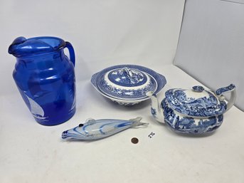 Lot 275 Vintage Spode Italian Blue Tea Pot, Vegetable Dish, Kool Aid Pitcher W/Sail Boat, Murano Style Fish