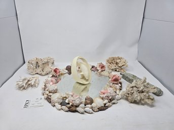 Lot 126 Frame Decorated Sea Shells  Mirror And Corals, Along With A Basket Embellished With Sea Shell