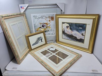 Lot 133   'Swans Water Boat Lady', 'Victorian Shoe' Painting, Tea Cup Painting And Picture Frames