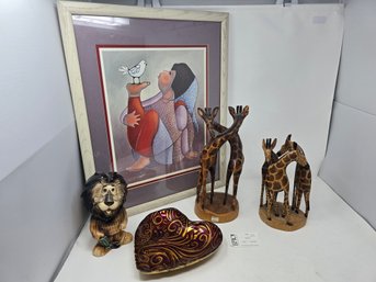 Lot 136 'Art: Rogerson's 'My Bird' Print, Kenya Wood Giraffes, Hubert Lion Bank, Arda  Bowl, Vintage Zebra
