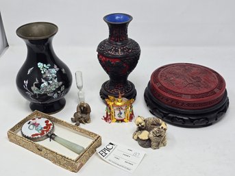 Lot 137 Mid Century Vase, Lacquer Work Box, Mini Lantern, Hand Held Mirror Figurines Etc.