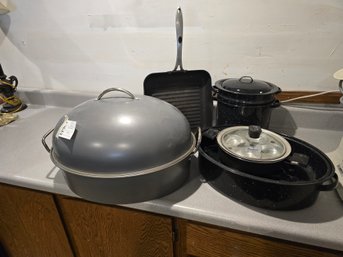 Lot 165 Enamelware: Roasting Pan, Steamer Pot Set, Oval Roaster Base. Calphalon Ribbed Nonstick Griddle Pan