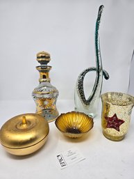 Lot 176  Sunflower Napkin Holder, Glass Candle Holder, Vintage Murano,  Crystal Decanter, Gold Lacquerware