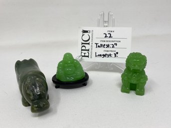 Lot 22 Jade Figure Statues Set Of 3 (buddha, Lion, Hippo) 2' Tallest, 3' Longest