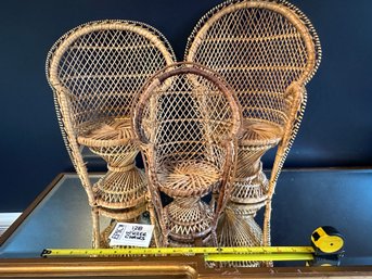 Lot 128 Vintage Wicker Peacock Fan Back Rattan Chair Doll Or Plant Stand Boho Hip Set Of Three