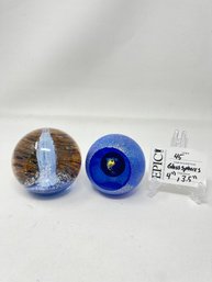 Lot 45 Glass Eye Studio Glass Paper Weight Set Of 2blue Earth And Waterfall