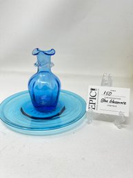 Lot 150 Blenko Blue Crackle Bottle Art Glass Decanter Ruffled Top With Aqua Blue Plate Dish