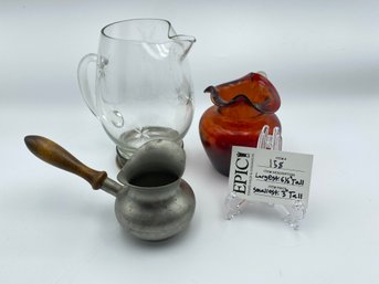 Lot 158 Wallace Glass Starburst Sterling Silver Base, Ruby Red Crackle Bud Vase, Stieff Pewter Sauce Server