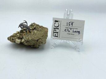 Lot 159 4' Pyrite Crystal With Mini Miner Figure - Unique And Intriguing Geological Display Piece.